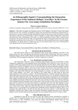 Conceptualizing the Integration Experiences of the Sudanese Refugee ‘Lost Boys’ in the Greater Kansas City Area Using Assimilation Paradigms