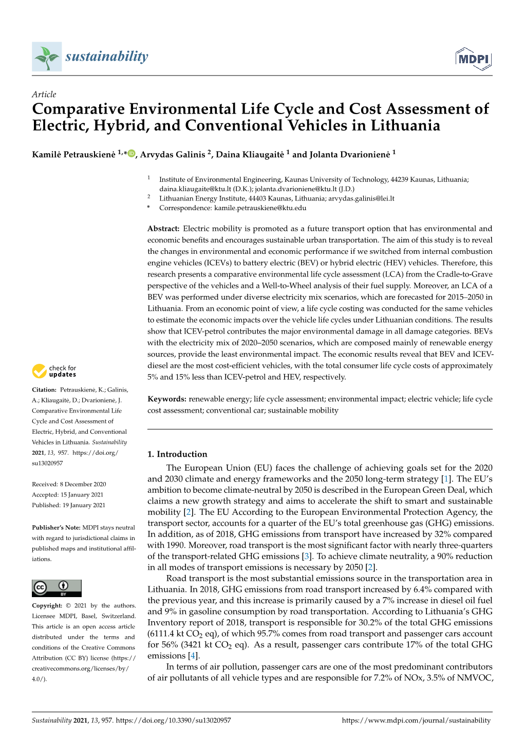 Comparative Environmental Life Cycle and Cost Assessment of Electric, Hybrid, and Conventional Vehicles in Lithuania