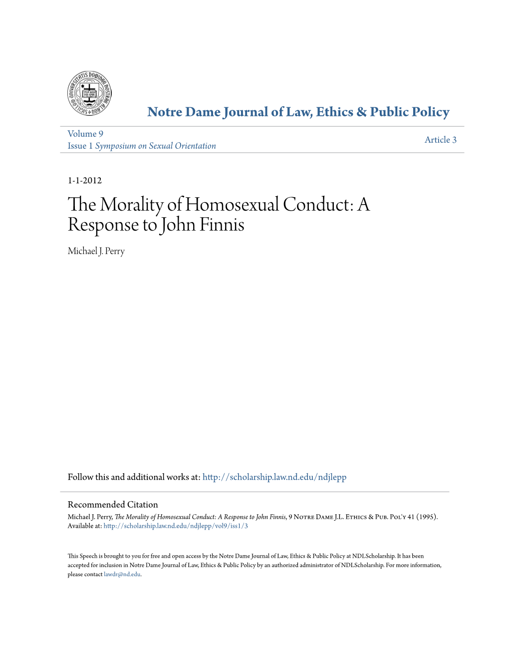 The Morality of Homosexual Conduct: a Response to John Finnis, 9 Notre Dame J.L