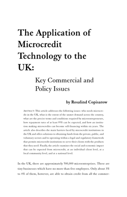 The Application of Microcredit Technology to the UK: Key Commercial and Policy Issues