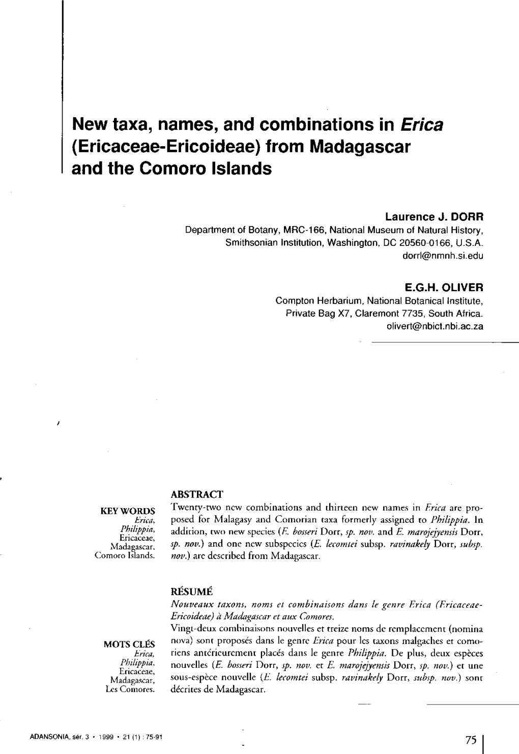 New Taxa, Names, and Combinations in Erica (Ericaceae-Ericoideae) from Madagascar and the Comoro Islands