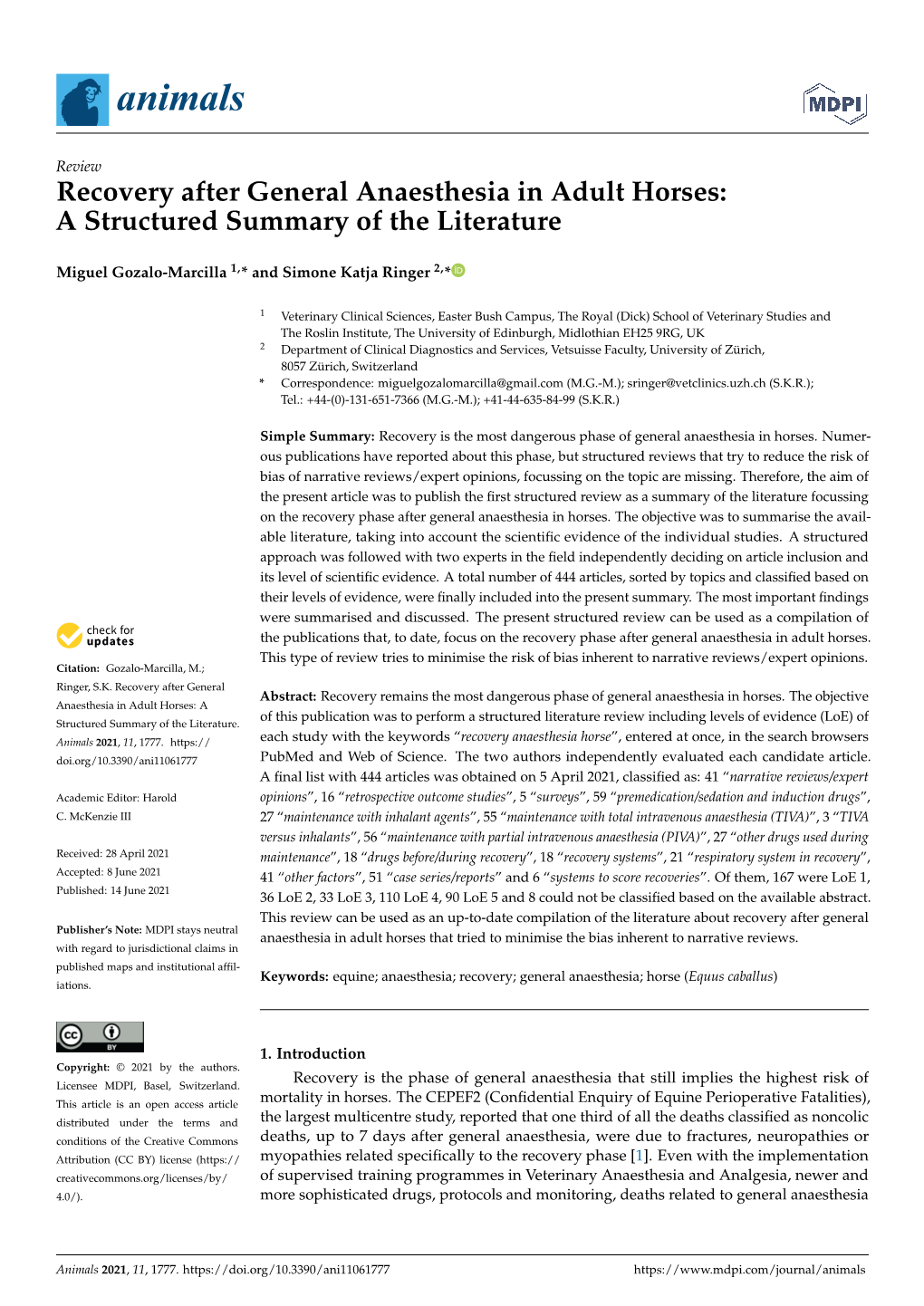 Recovery After General Anaesthesia in Adult Horses: a Structured Summary of the Literature