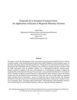Proposals for a European Clearing Union: an Application of Keynes to Regional Monetary Systems