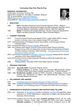 Curriculum Vitae Prof. Filip Du Prez