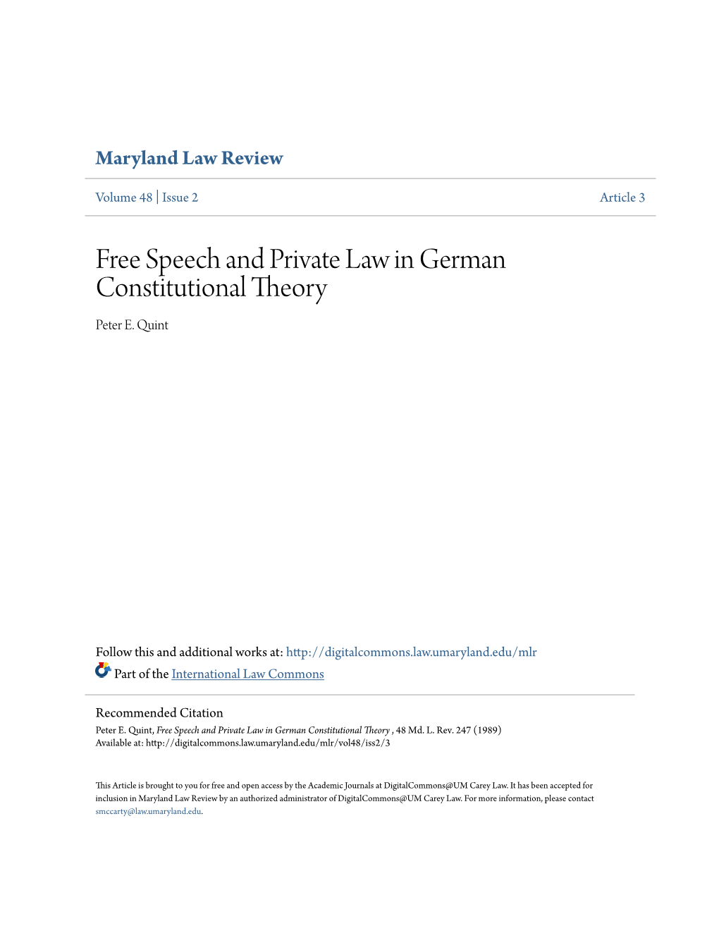 Free Speech and Private Law in German Constitutional Theory Peter E