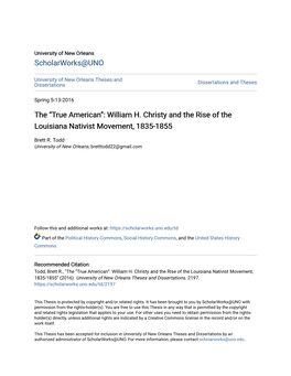 William H. Christy and the Rise of the Louisiana Nativist Movement, 1835-1855