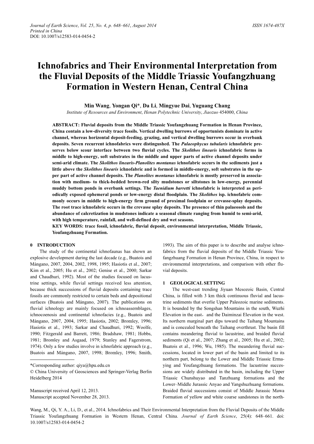 Ichnofabrics and Their Environmental Interpretation from the Fluvial Deposits of the Middle Triassic Youfangzhuang Formation in Western Henan, Central China