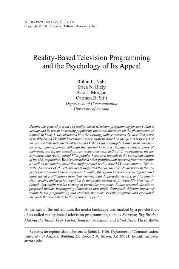 Reality-Based Television Programming and the Psychology of Its Appeal