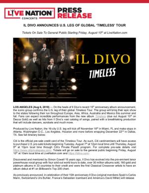 Il Divo Announces U.S. Leg of Global 'Timeless' Tour