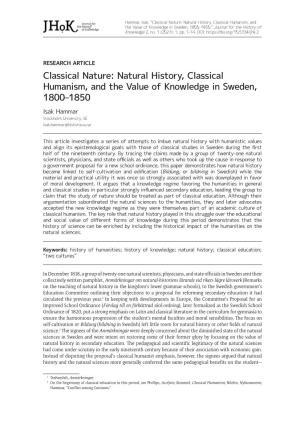 Natural History, Classical Humanism, and the Value of Knowledge in Sweden, 1800–1850.” Journal for the History of Knowledge 2, No