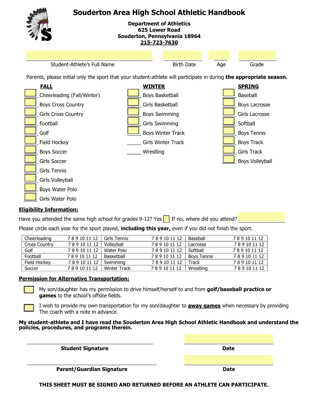 Souderton Area High School Athletic Handbook