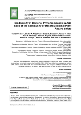 Biodiversity in Bacterial Phyla Composite in Arid Soils of the Community of Desert Medicinal Plant Rhazya Stricta