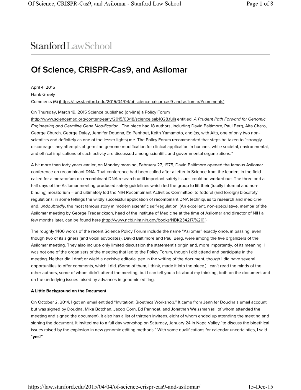Of Science, CRISPR-Cas9, and Asilomar - Stanford Law School Page 1 of 8
