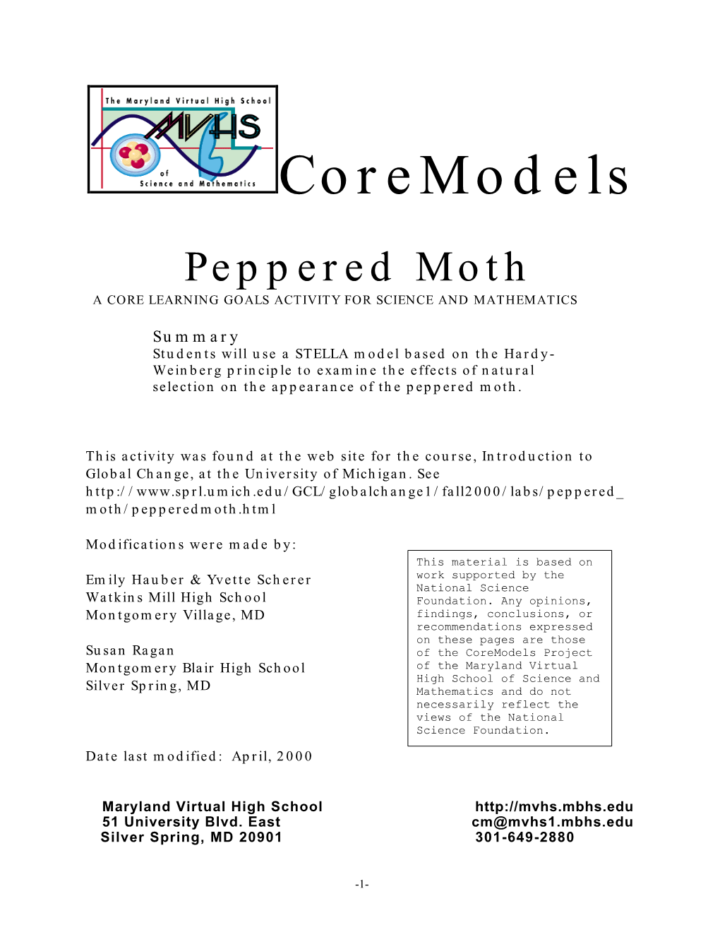 Coremodels Peppered Moth a CORE LEARNING GOALS ACTIVITY for SCIENCE and MATHEMATICS