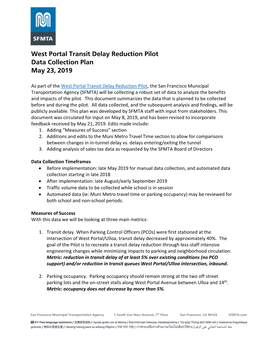West Portal Transit Delay Reduction Pilot Data Collection Plan May 23, 2019