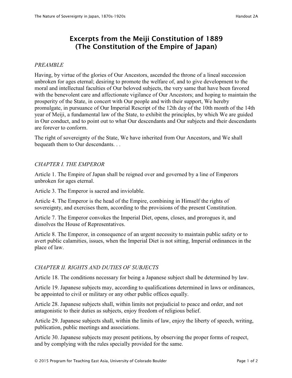 Excerpts from the Meiji Constitution of 1889 (The Constitution of the Empire of Japan)