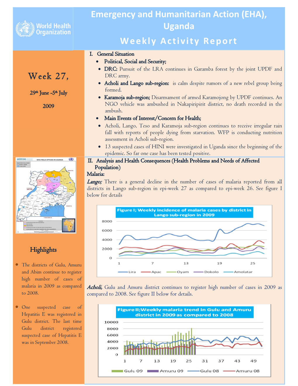 Emergency and Humanitarian Action (EHA), Uganda Weekly Activity