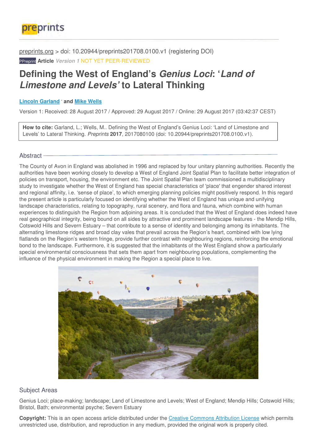 Defining the West of England's Genius Loci: 'Land of Limestone and Levels'