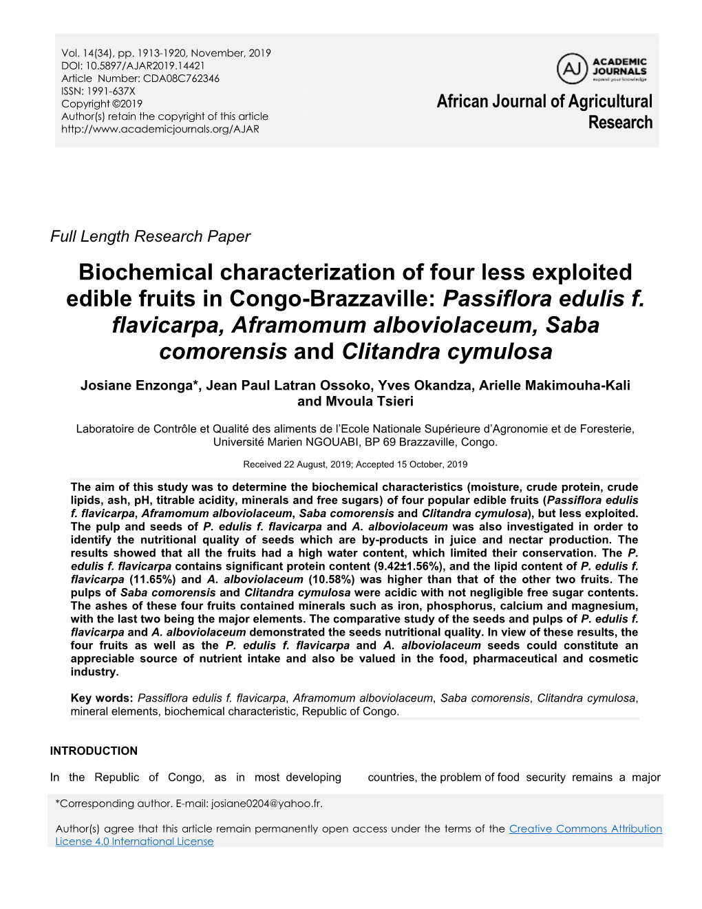 Biochemical Characterization of Four Less Exploited Edible Fruits in Congo-Brazzaville: Passiflora Edulis F