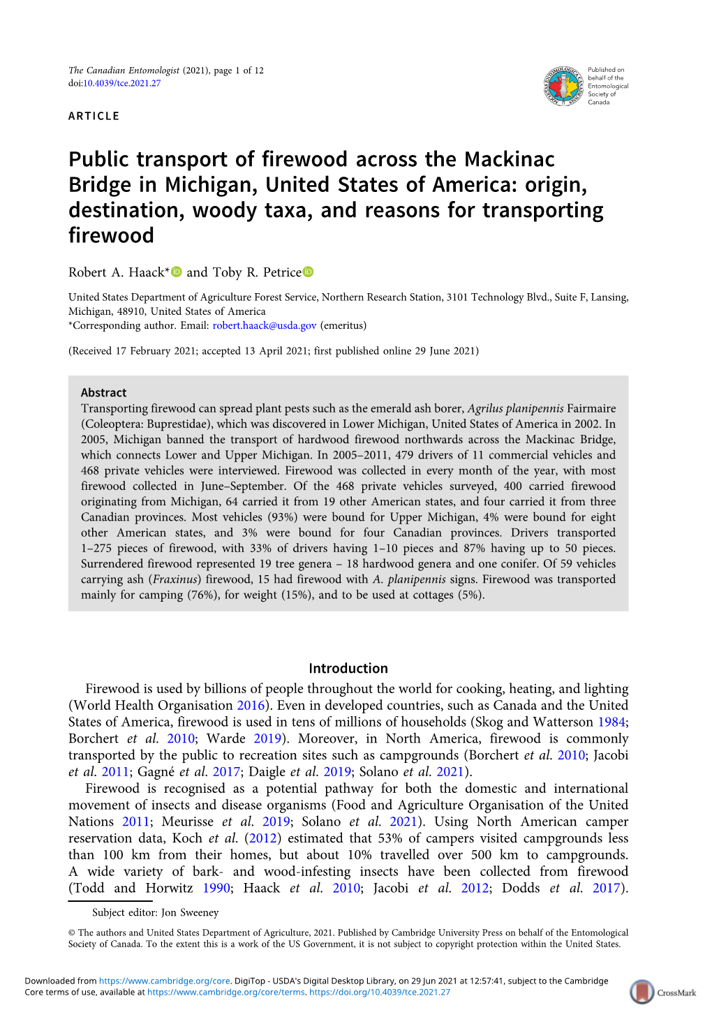 Public Transport of Firewood Across the Mackinac Bridge in Michigan, United States of America: Origin, Destination, Woody Taxa, and Reasons for Transporting Firewood