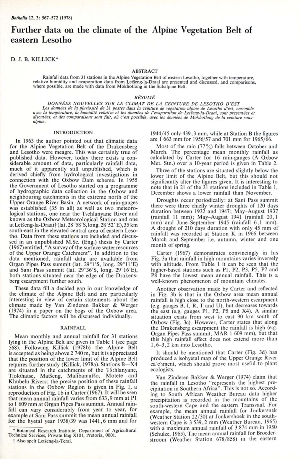Further Data on the Climate of the Alpine Vegetation Belt of Eastern Lesotho