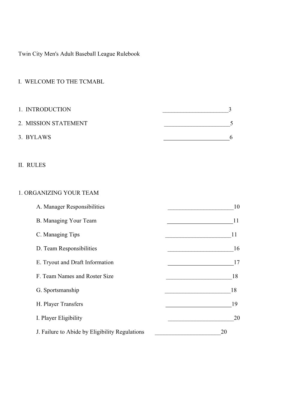 Twin City Men's Adult Baseball League Rulebook