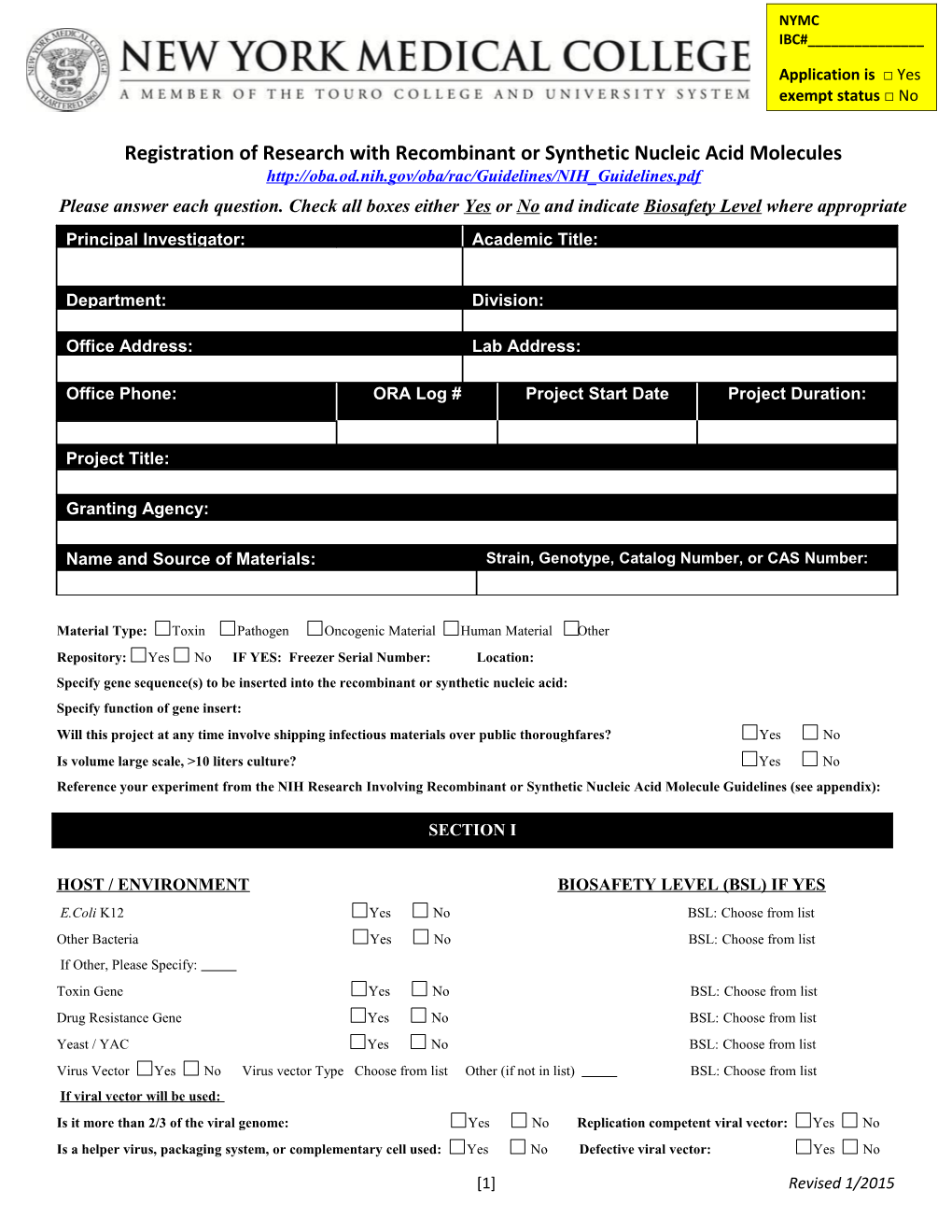 Registration of Research with Recombinant Or Synthetic Nucleic Acid Molecules