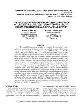 The Influence of Ground Combat Vehicle Weight on Automotive Performance, Terrain Traversability, Combat Effectiveness, and Operational Energy