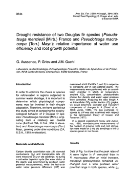 Drought Resistance of Two Douglas Fir Species (Pseudo- Tsuga Menziesii