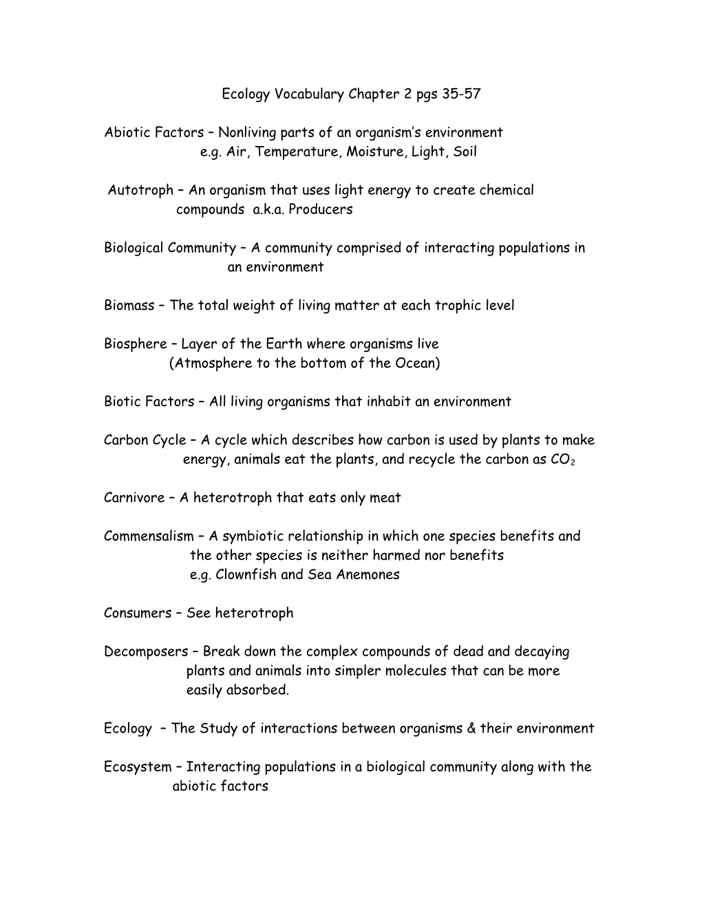 Ecology Vocabulary Chapter 2 Pgs 35-57