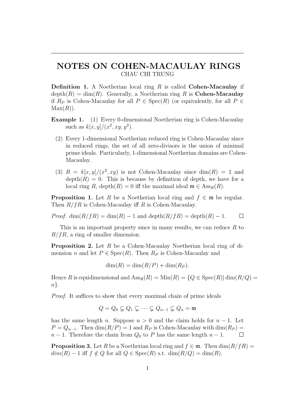Notes on Cohen-Macaulay Rings Chau Chi Trung