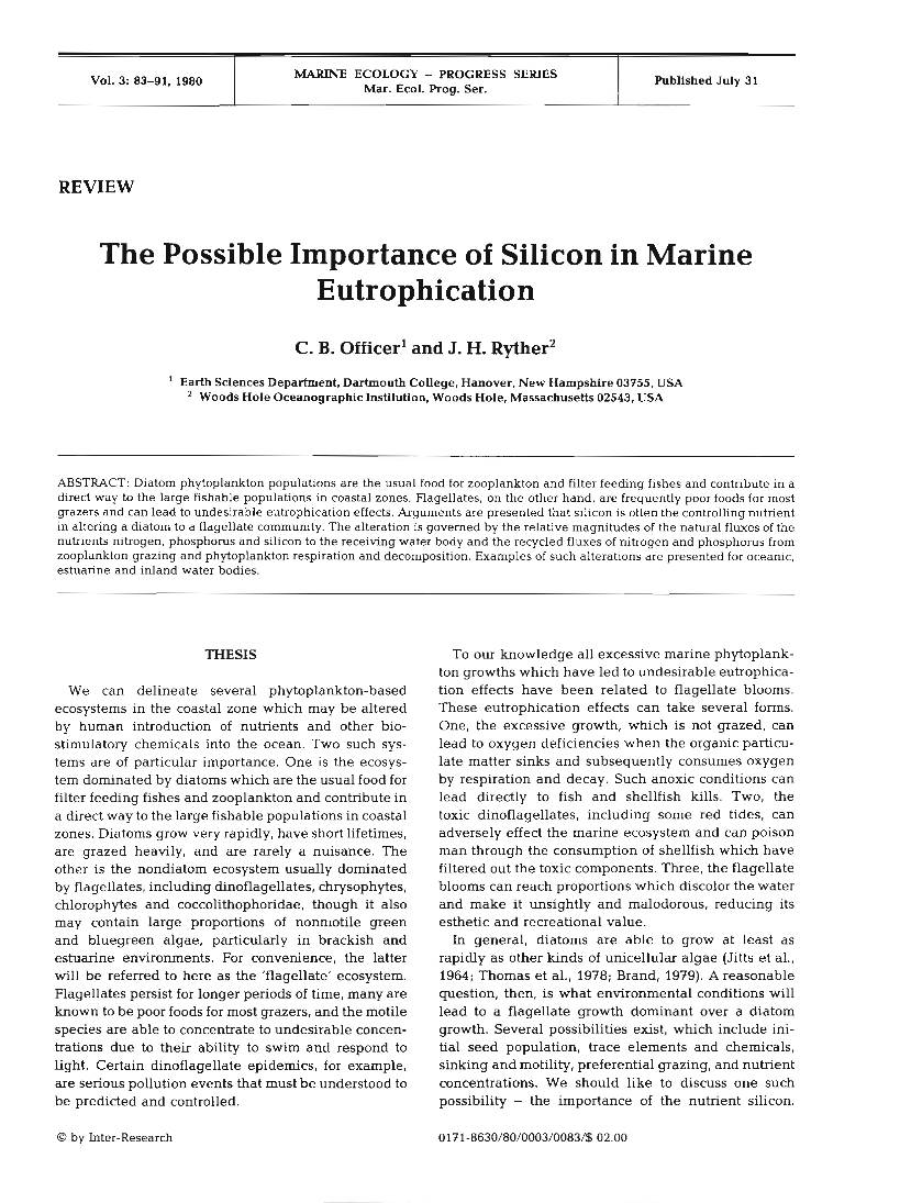 The Possible Importance of Silicon in Marine Eutrophication
