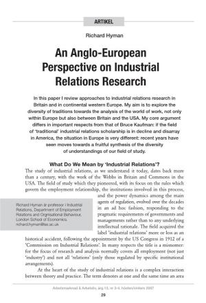 An Anglo-European Perspective on Industrial Relations Research