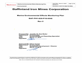 Baffinland Iron Mines Corporation and Is Used Solely for the Purpose for W Hich It Is Supplied