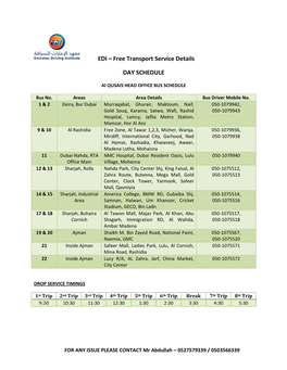 EDI – Free Transport Service Details DAY SCHEDULE