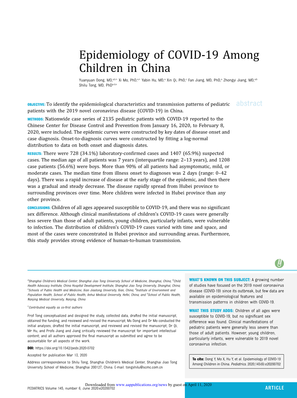 Epidemiology of COVID-19 Among Children in China