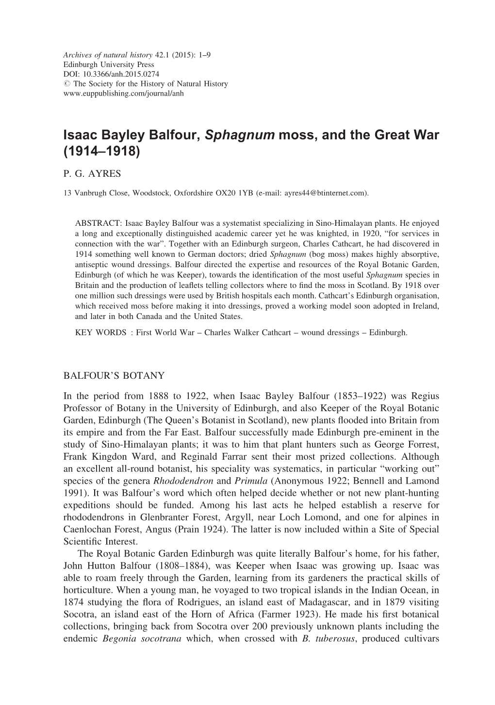 Isaac Bayley Balfour, Sphagnum Moss, and the Great War (1914–1918)