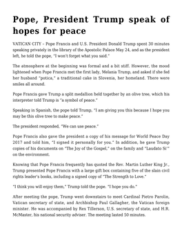 Pope, President Trump Speak of Hopes for Peace