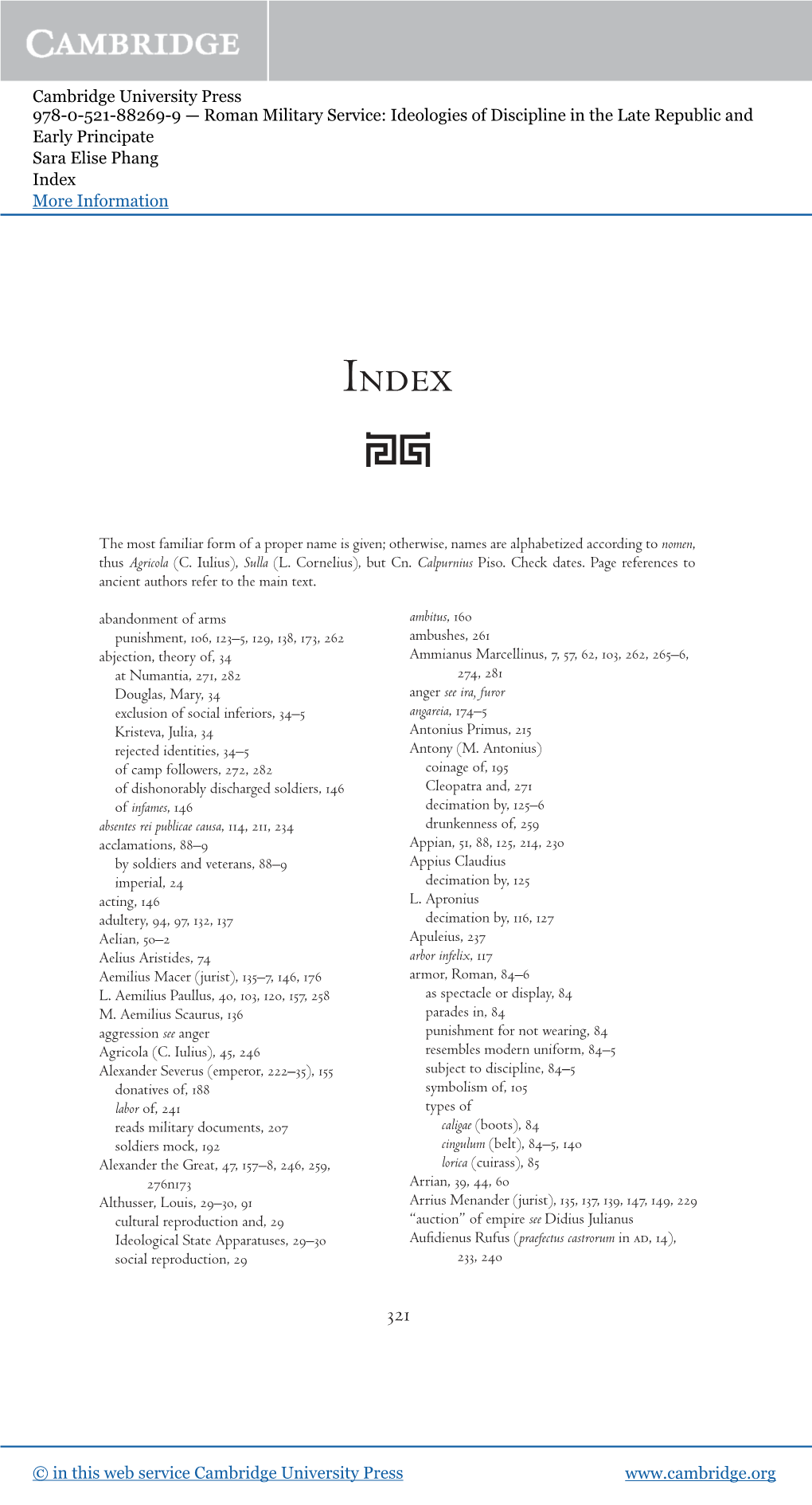 Roman Military Service: Ideologies of Discipline in the Late Republic and Early Principate Sara Elise Phang Index More Information