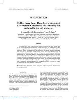 Coffee Berry Borer Hypothenemus Hampei (Coleoptera: Curculionidae): Searching for Sustainable Control Strategies