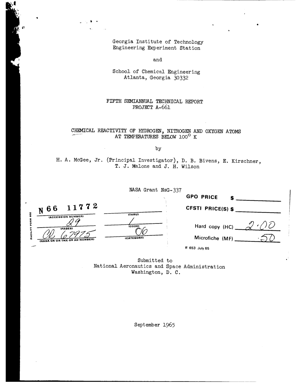 NASA Grant Nsg-337 GPO PRICE $ I CFSTI PRICE(S) $