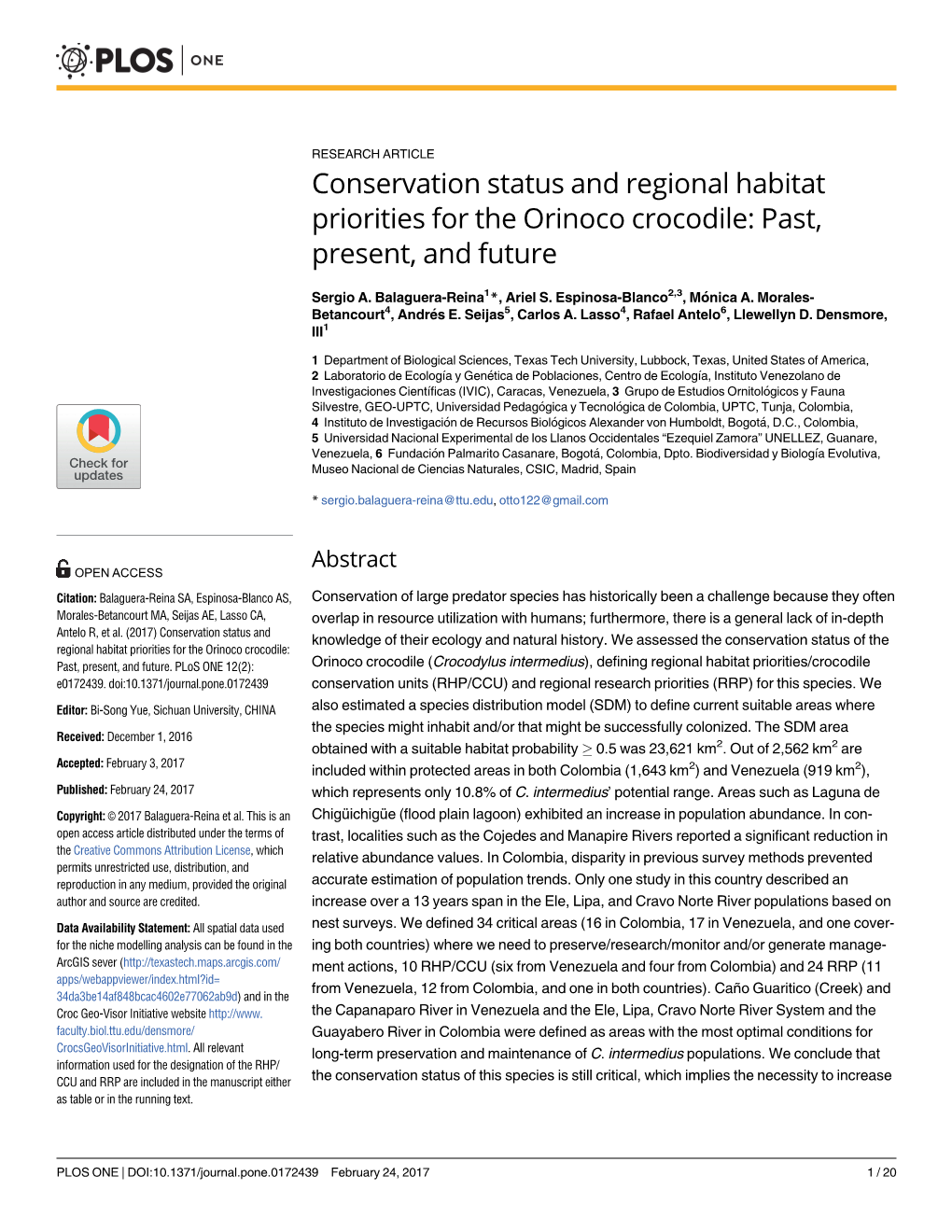 Conservation Status and Regional Habitat Priorities for the Orinoco Crocodile: Past, Present, and Future