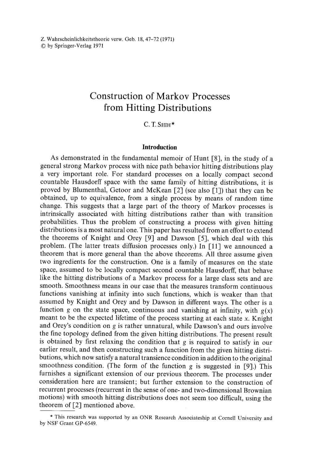 Construction of Markov Processes from Hitting Distributions