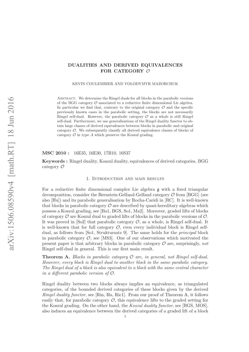 Arxiv:1506.08590V4 [Math.RT] 18 Jun 2016