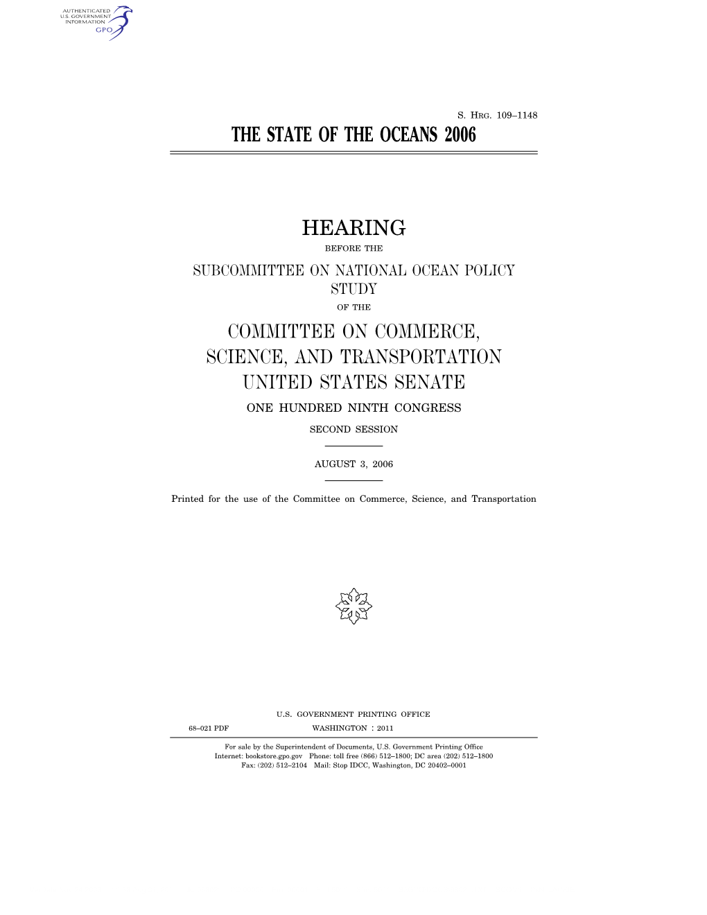 The State of the Oceans 2006 Hearing Committee On