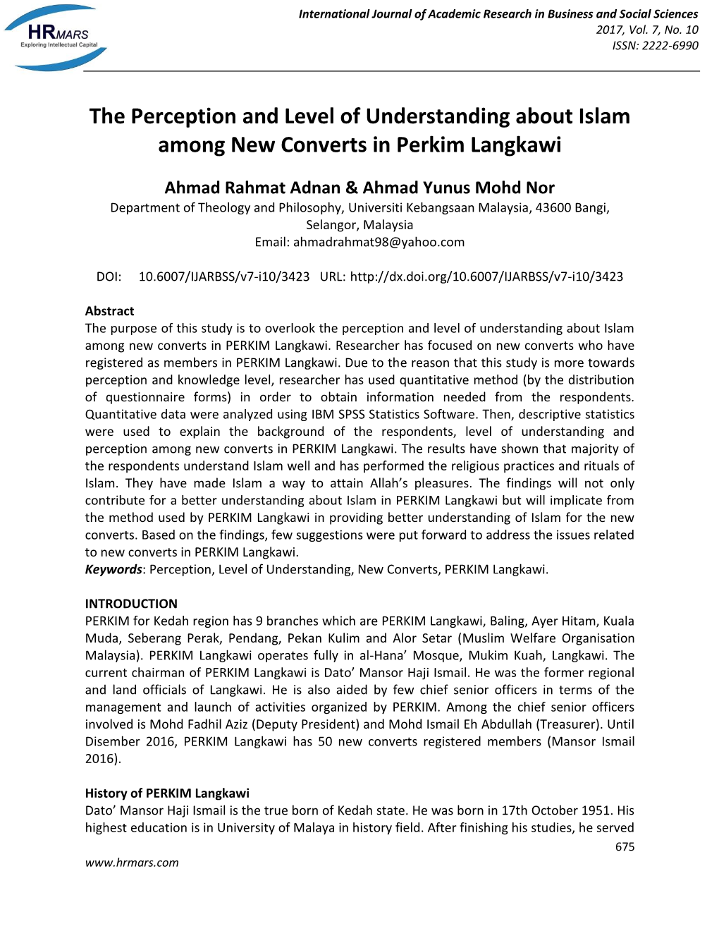 The Perception and Level of Understanding About Islam Among New Converts in Perkim Langkawi