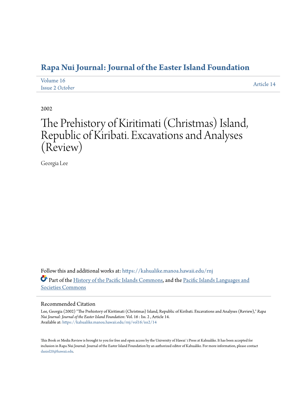 The Prehistory of Kiritimati (Christmas) Island, Republic of Kiribati