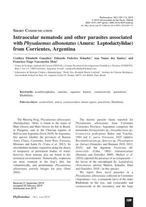 Intraocular Nematode and Other Parasites Associated with Physalaemus Albonotatus (Anura: Leptodactylidae) from Corrientes, Argentina