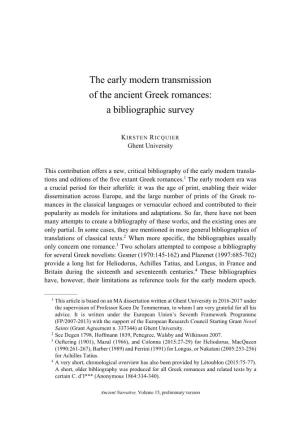 The Early Modern Transmission of the Ancient Greek Romances: a Bibliographic Survey