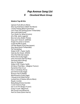 Pop Avenue Song List ℅ Cleveland Music Group